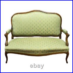 Antique Sofa, Louis XV Style Upholstered, Walnut Settee, Light Green, 1800s