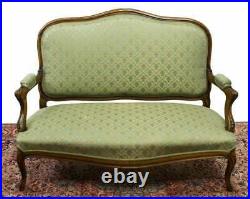 Antique Sofa, Louis XV Style Upholstered, Walnut Settee, Light Green, 1800s