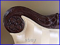 Antique Sofa Rare Chaise withIntricate Wood Carvings Circa 1880's Damask Fabric