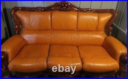 Antique Solid Wood Leather Couch