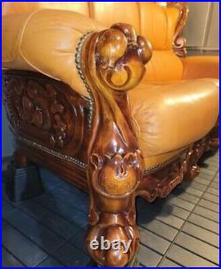 Antique Solid Wood Leather Couch
