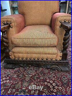 Antique Spanish Couch and Chair with Original Mohair and Carved Wood