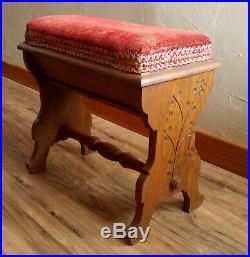 Antique Victorian 19th c. Spoon Carved Red Velvet Piano Bench, Seat Compartment