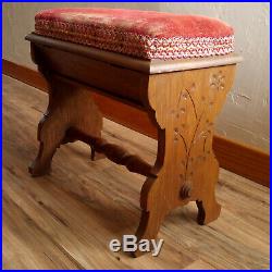 Antique Victorian 19th c. Spoon Carved Red Velvet Piano Bench, Seat Compartment