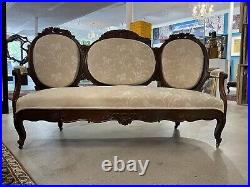 Antique Victorian Balloon Back Walnut Upholstered Open Arm Sofa