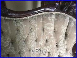 Antique Victorian Beige Sofa Settee Loveseat Tufted Carved Wood Vintage