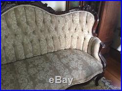 Antique Victorian Beige Sofa Settee Loveseat Tufted Carved Wood Vintage