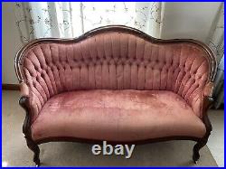 Antique Victorian Carved 1800s Settee SET of Two Chairs and Loveseat Pink