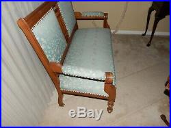 Antique Victorian Carved Flower Wood Upholstered Love Seat Settee