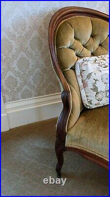 Antique Victorian Carved Mahogany Medallion Velvet Sofa Settee Loveseat
