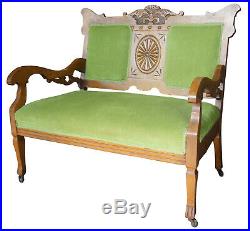 Antique Victorian Carved Oak Settee Loveseat Chair Green Upholstery Fleur De Lis