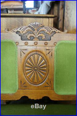 Antique Victorian Carved Oak Settee Loveseat Chair Green Upholstery Fleur De Lis