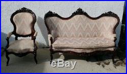 Antique Victorian Carved Rosewood/Walnut Sofa Settee Couch & Matched Chair