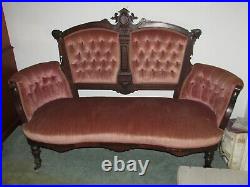 Antique Victorian Carved Settee Sofa Dark Pink Upholstery