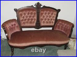 Antique Victorian Carved Settee Sofa Dark Pink Upholstery
