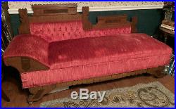 Antique Victorian Carved Walnut Red Velvet Fainting Couch Chaise Hide-a-bed