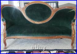 Antique Victorian Carved Wood Medallion Green Velvet Sofa Settee Loveseat