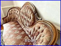 Antique Victorian Couch 5.6 Feet Long, Solid Carved Walnut, Rose, Silk Damask
