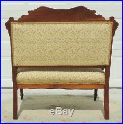 Antique Victorian Eastlake Carved Flower Wood Upholstered Love Seat Settee Bench