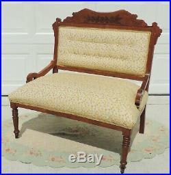 Antique Victorian Eastlake Carved Flower Wood Upholstered Love Seat Settee Bench