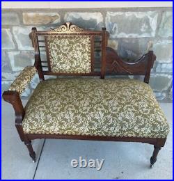 Antique Victorian Eastlake Settee Love Seat Chair Rivets Tapestry Fabric Wheels