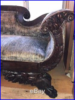 Antique Victorian Fainting Sofa Couch Sette Carved Wood Acorns, Acanthus Leaves