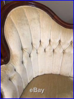 Antique Victorian French Settee Mahogany Yellow Gold Tufted Sofa Loveseat Couch