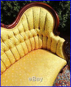 Antique Victorian French Settee Mahogany Yellow Gold Tufted Sofa Loveseat Couch