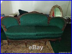 Antique Victorian Green Sofa Settee Loveseat Tufted Carved Wood Vintage