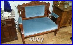 Antique Victorian Loveseat Settee Sofa Wood & Cushions Blue