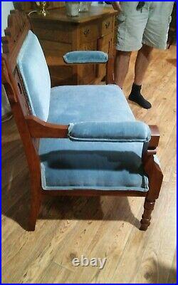 Antique Victorian Loveseat Settee Sofa Wood & Cushions Blue