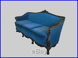 Antique Victorian Mahogany Blue Velvet Couch French Style Clawfoot Velvet Sofa
