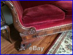 Antique Victorian Red/Burgandy 3-cushion Sofa Couch Carved Walnut