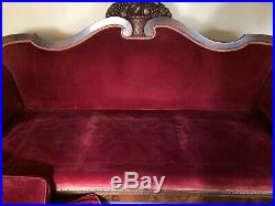 Antique Victorian Red/Burgandy 3-cushion Sofa Couch Carved Walnut