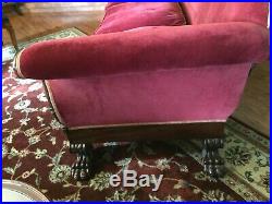 Antique Victorian Red/Burgundy Sofa Couch 3 Down-filled-cushions Carved Walnut