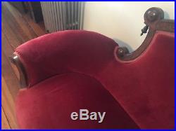 Antique Victorian Red Velvet Sofa Settee Loveseat Couch Carved Wood Vintage