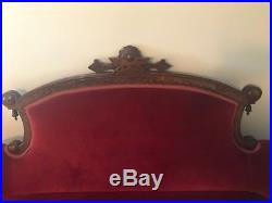 Antique Victorian Red Velvet Sofa Settee Loveseat Couch Carved Wood Vintage