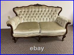 Antique Victorian Renaissance Carved Wood and Upholstered Love Seat Sofa Couch