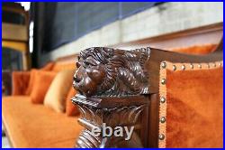 Antique Victorian Renaissance Revival Mahogany Figural Lion Tufted Library Sofa