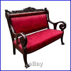 Antique Victorian Rococo Carved Mahogany Red Floral Settee Sofa with Curled Arms