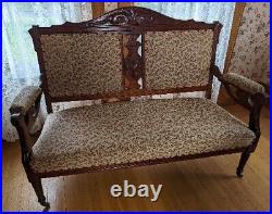 Antique Victorian Settee Carved Mahogany Love Seat Tapestry Fabric Wheels
