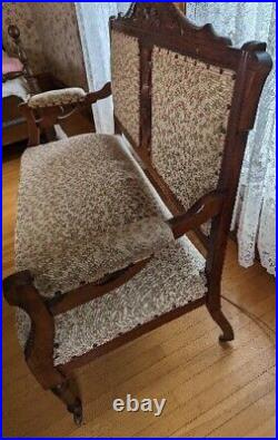 Antique Victorian Settee Carved Mahogany Love Seat Tapestry Fabric Wheels
