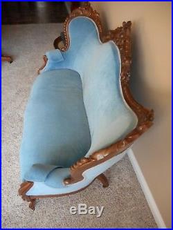 Antique Victorian Sofa Blue Upholstery Loveseat Settee Chaise Couch