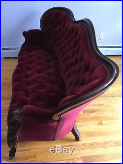 Antique Victorian Sofa Burgundy Upholstery Settee Chaise Couch