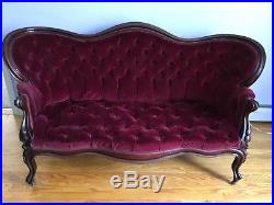 Antique Victorian Sofa Burgundy Upholstery Settee Chaise Couch