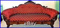 Antique Victorian Sofa / Couch. Hand Carved Mahogany with Silk Thread