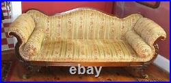 Antique Victorian Sofa, Couch, Settee, with brass claw feet and carved wood