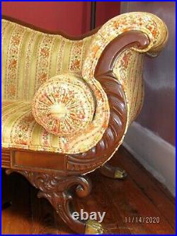 Antique Victorian Sofa, Couch, Settee, with brass claw feet and carved wood