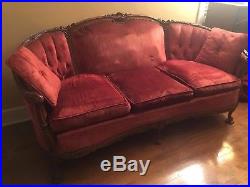 Antique Victorian Sofa Couch and Overstuffed Chair with Beautiful Carved Wood