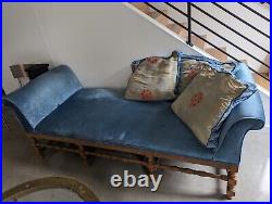 Antique Victorian Style Ornate Wooden Chaise Lounge in Aqua Blue Velvet Seattle